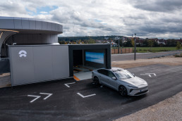 Nio car exiting the first battery swap station in Germany in September 2022